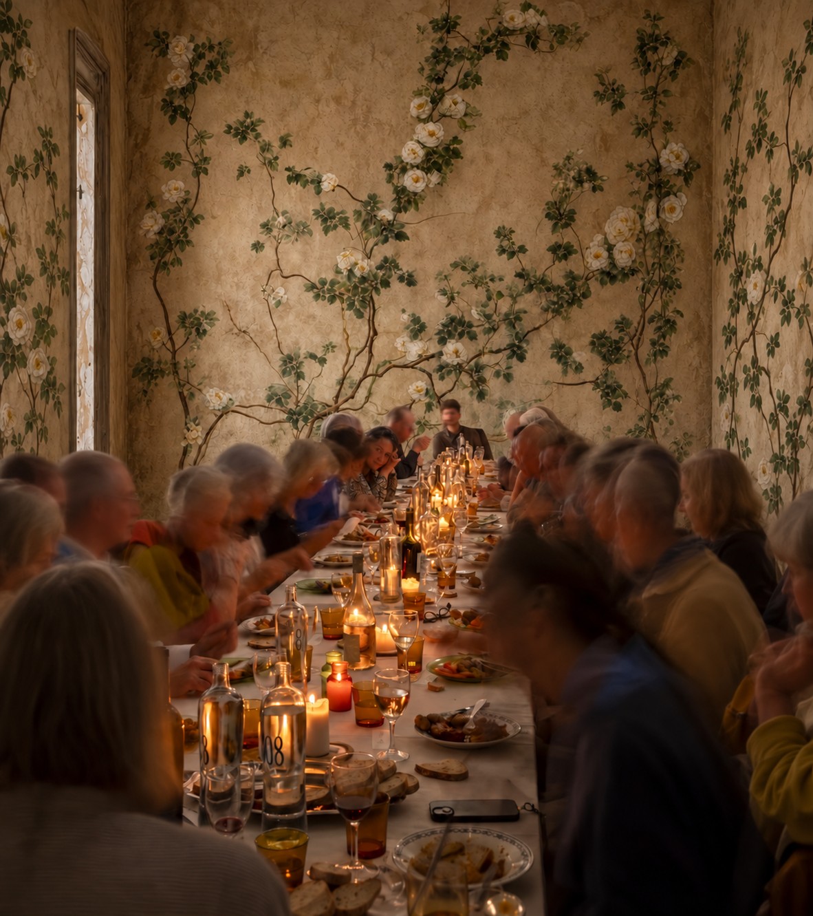 Eine gesellige Runde an einer langen Tafel im Kerzenlicht